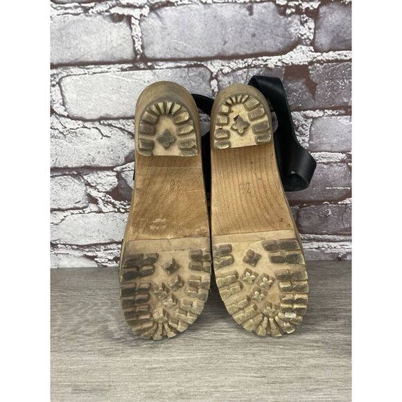 Swedish Hasbeens Black Leather Wooden Heel Peep Toe Ankle Strap Sandals Women 38 - Picture 8 of 16